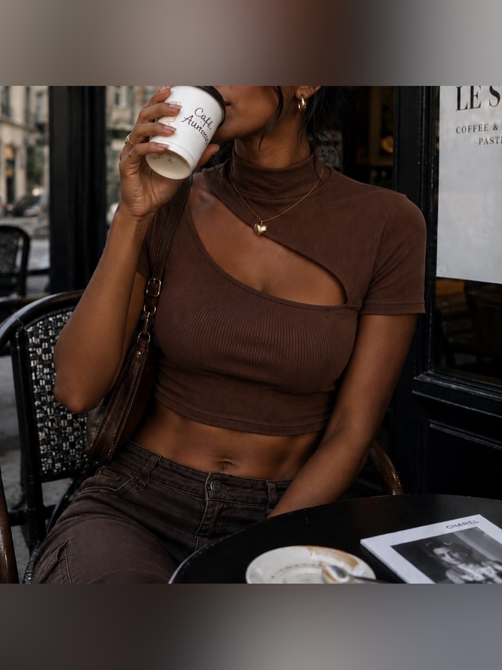Medium Women’s Brown Ribbed Asymmetric Cutout Mock Neck Crop Top, Like New Shein